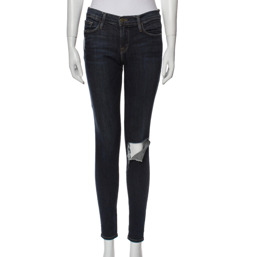 FRAME Skinny Leg Mid-Rise Distressed Dark Denim Jeans